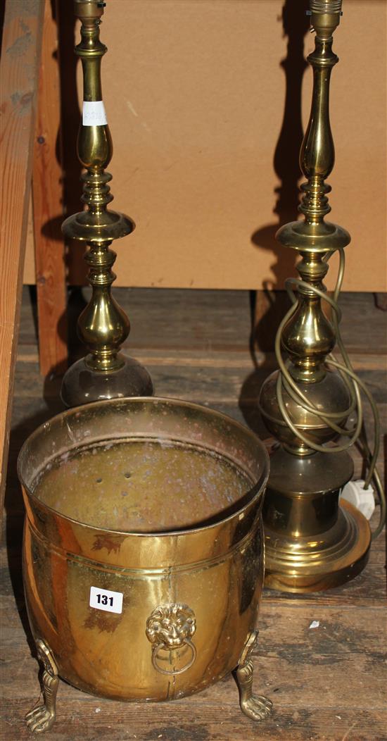 Pair of brass table lamps and log bin